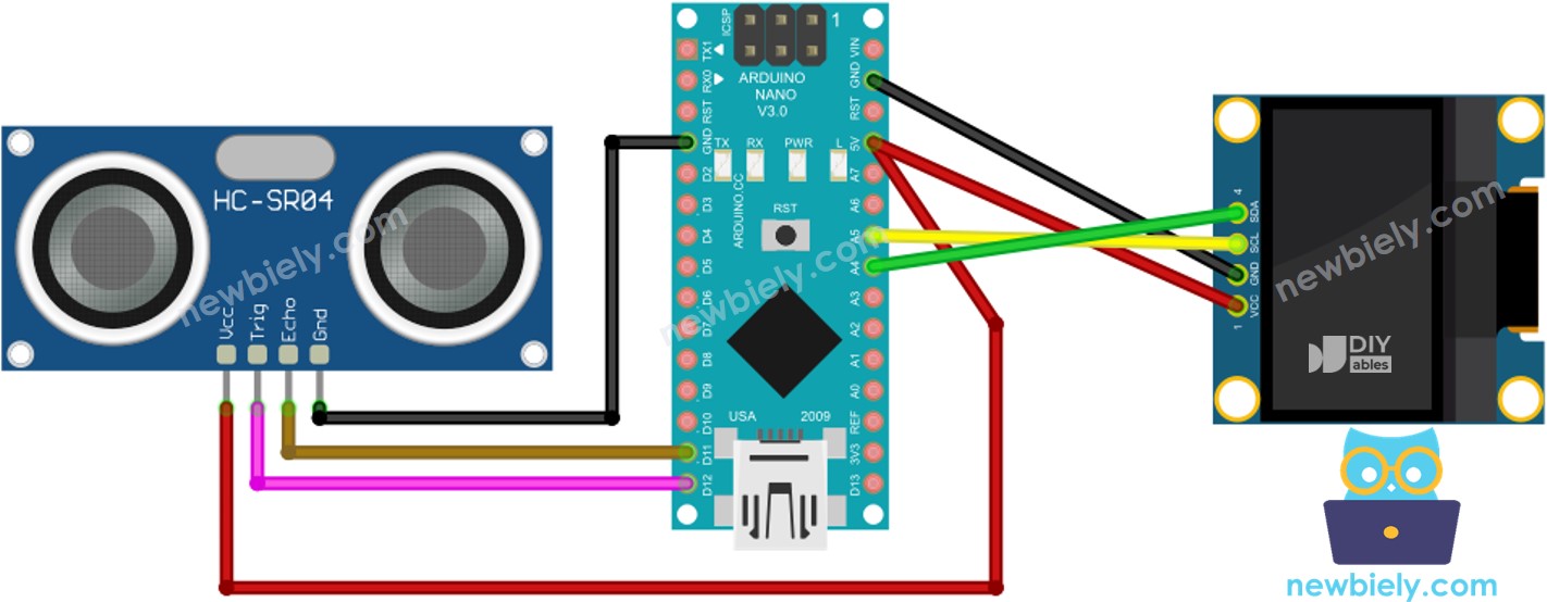 Diagrama de cableado de Arduino Nano, sensor ultrasónico y OLED.