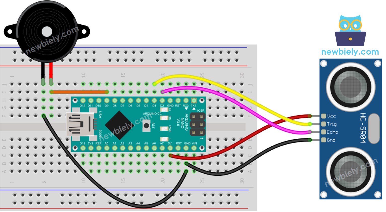Diagrama de cableado de Arduino Nano, sensor ultrasónico y zumbador piezoeléctrico.