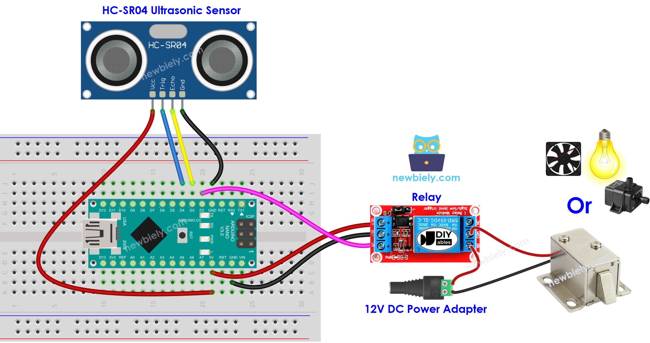 Diagrama de cableado del sensor ultrasónico y del relé para Arduino Nano
