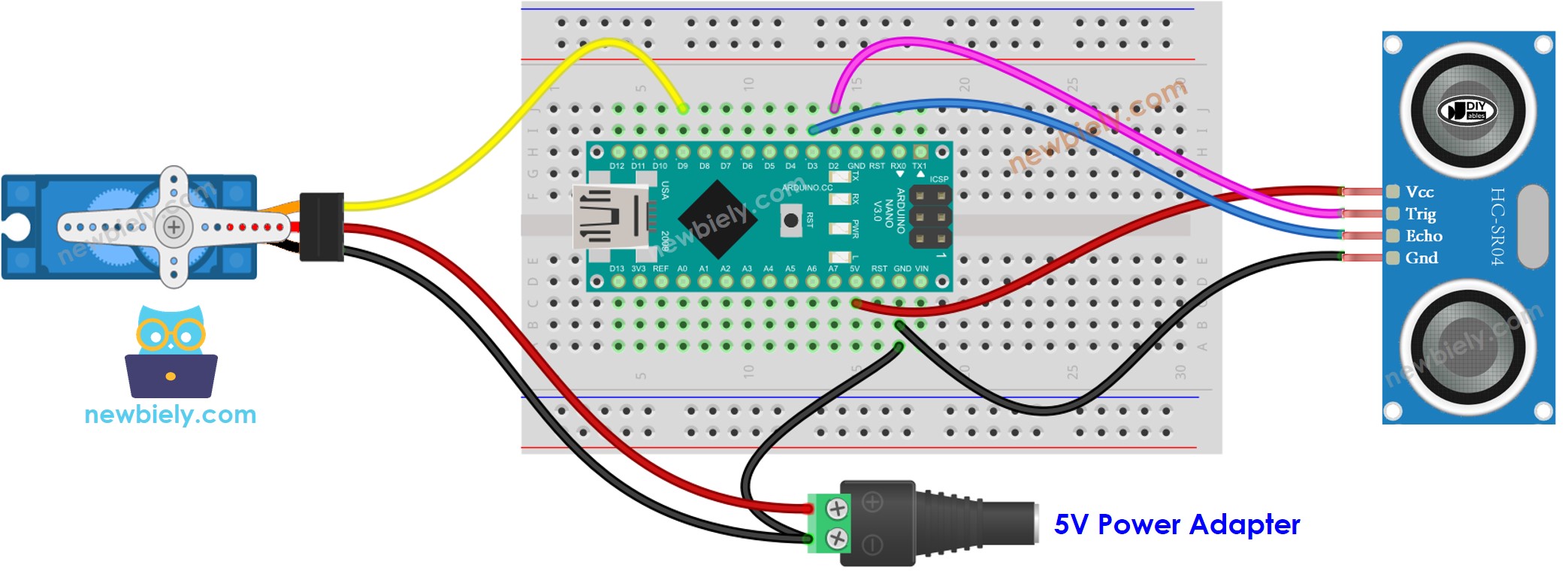 Diagrama de cableado de Arduino Nano, sensor ultrasónico y servomotor