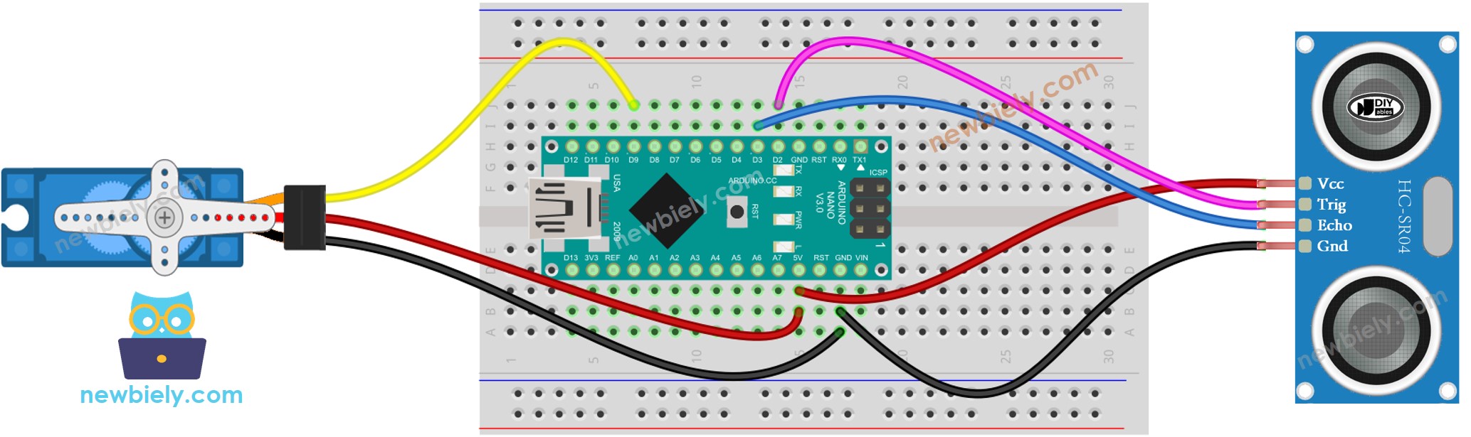 Diagrama de cableado de Arduino Nano para sensor ultrasónico y motor servo.