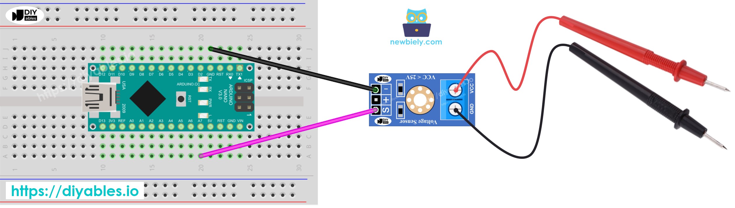 Diagrama de cableado del sensor de voltaje para Arduino Nano