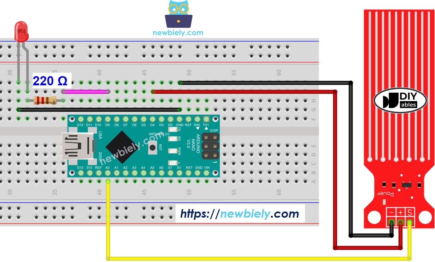 Diagrama de cableado del sensor de agua y LED para Arduino Nano