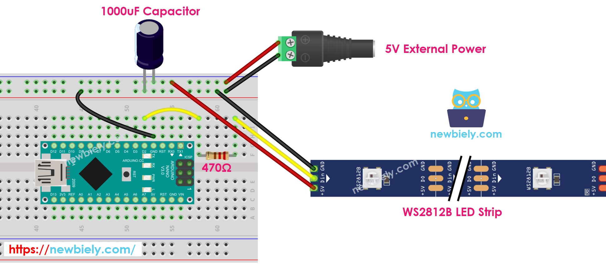Diagrama de cableado de la tira de LEDs RGB WS2812B para Arduino Nano