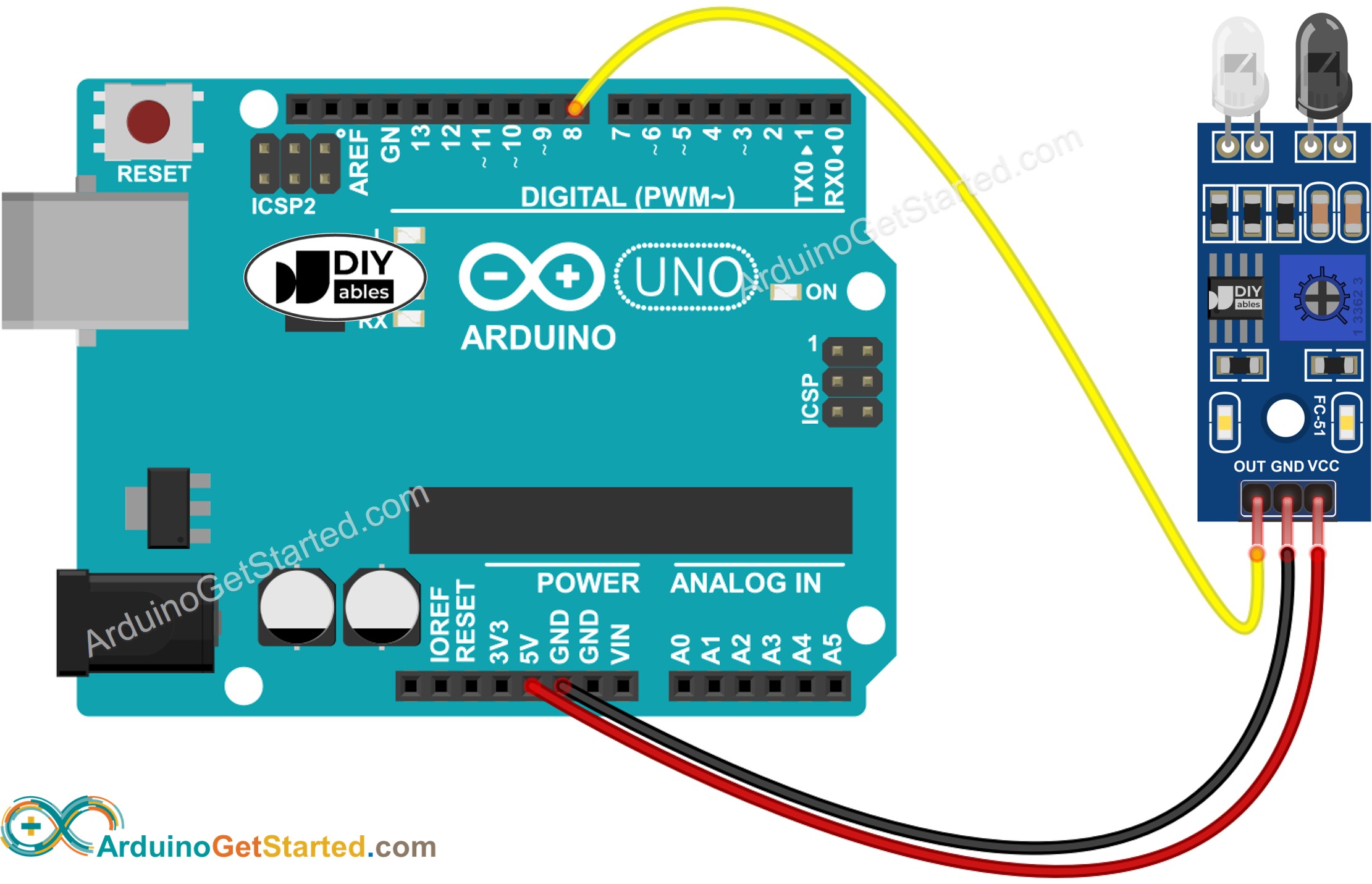 Diagrama de cableado del sensor de evitación de obstáculos por infrarrojos para Arduino