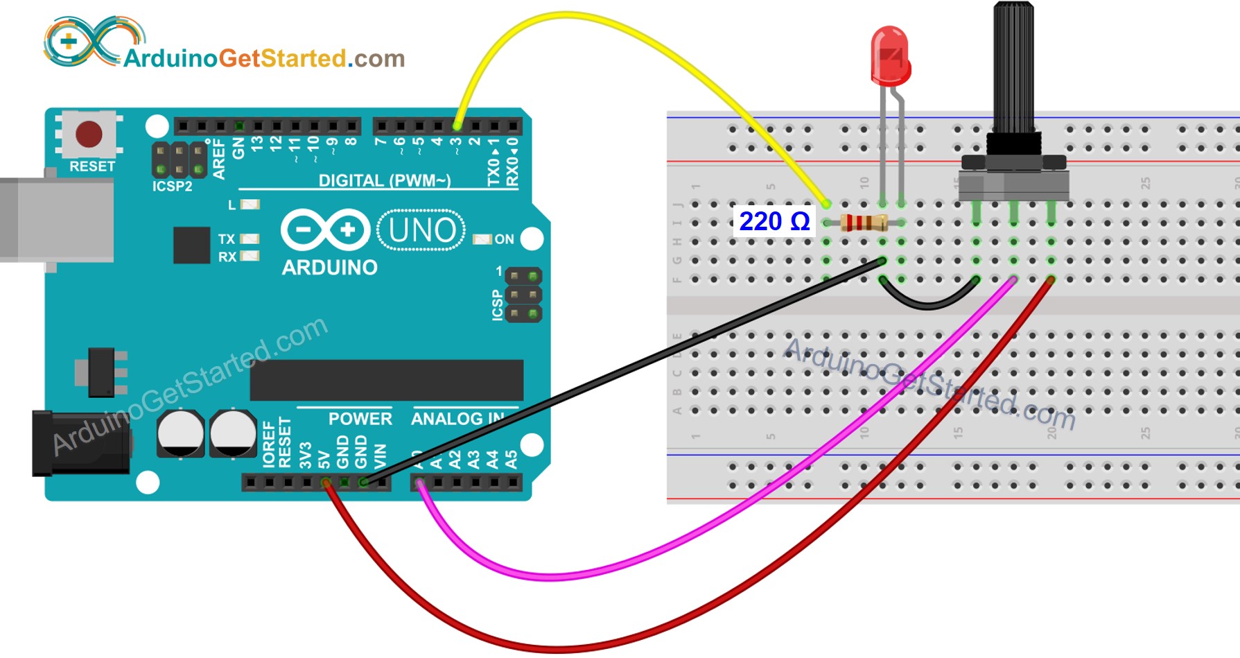 Diagrama de cableado de LED y potenciómetro para Arduino