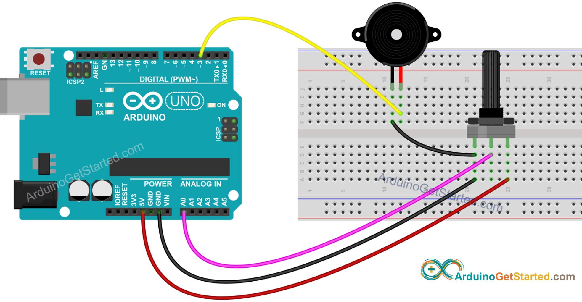 Diagrama de cableado de Arduino para potenciómetro y zumbador piezoeléctrico