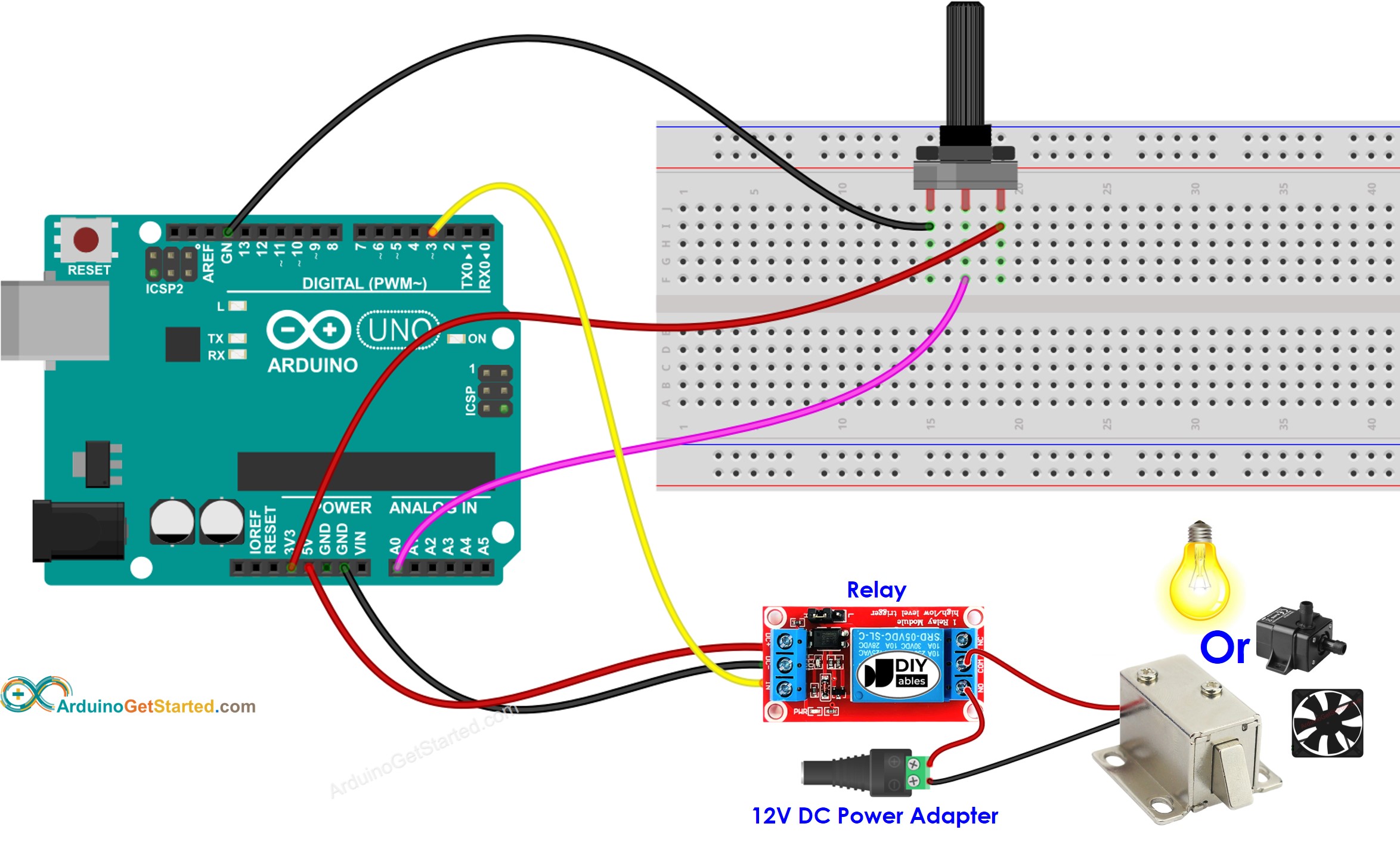 Diagrama de cableado de Arduino, potenciómetro y relé
