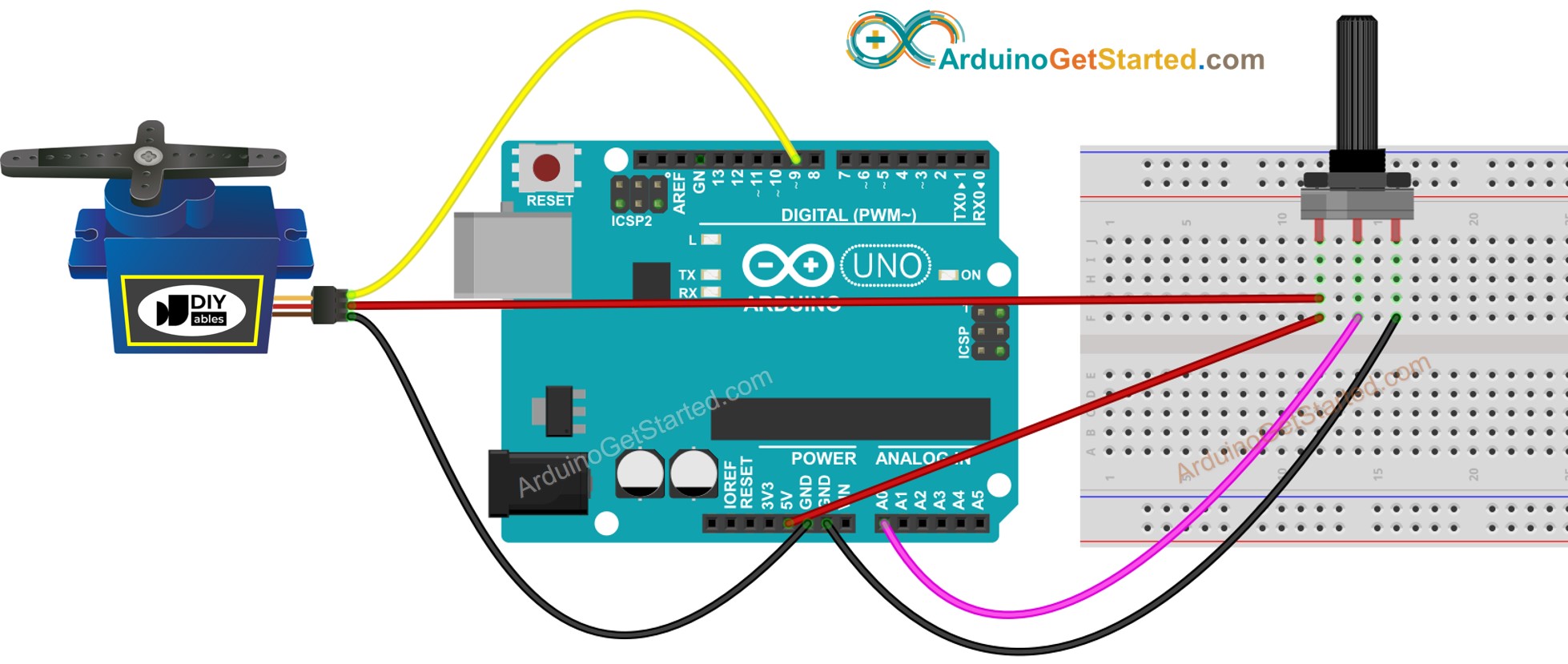 Diagrama de cableado de Arduino para potenciómetro y servomotor