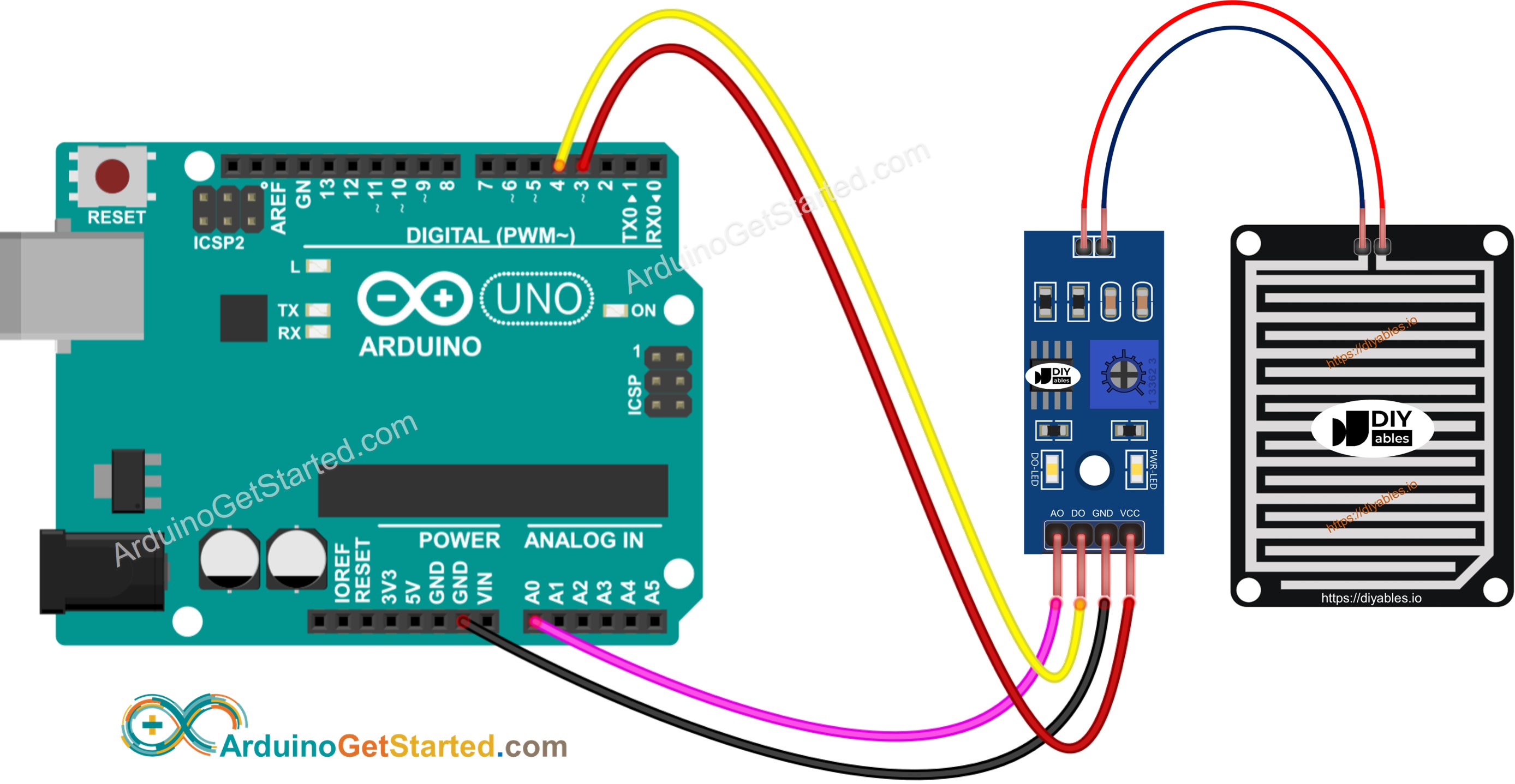 Diagrama de cableado del detector de lluvia para Arduino