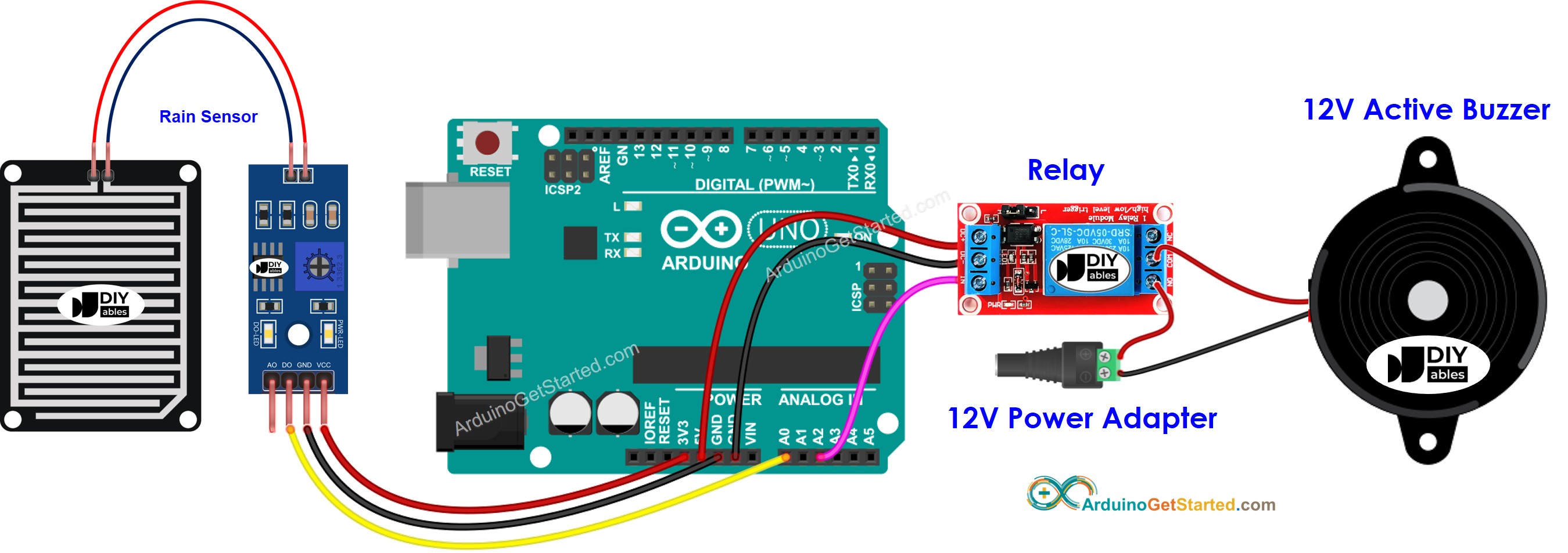 Diagrama de cableado del sensor de lluvia para Arduino con zumbador de 12 V