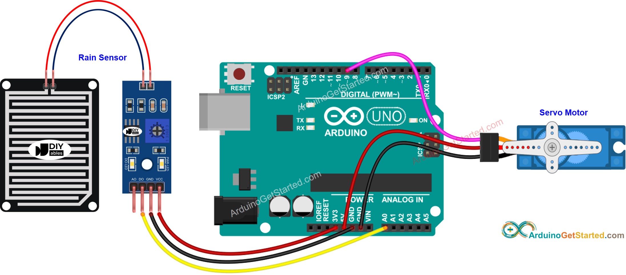 Diagrama de cableado de Arduino para sensor de lluvia y servomotor.