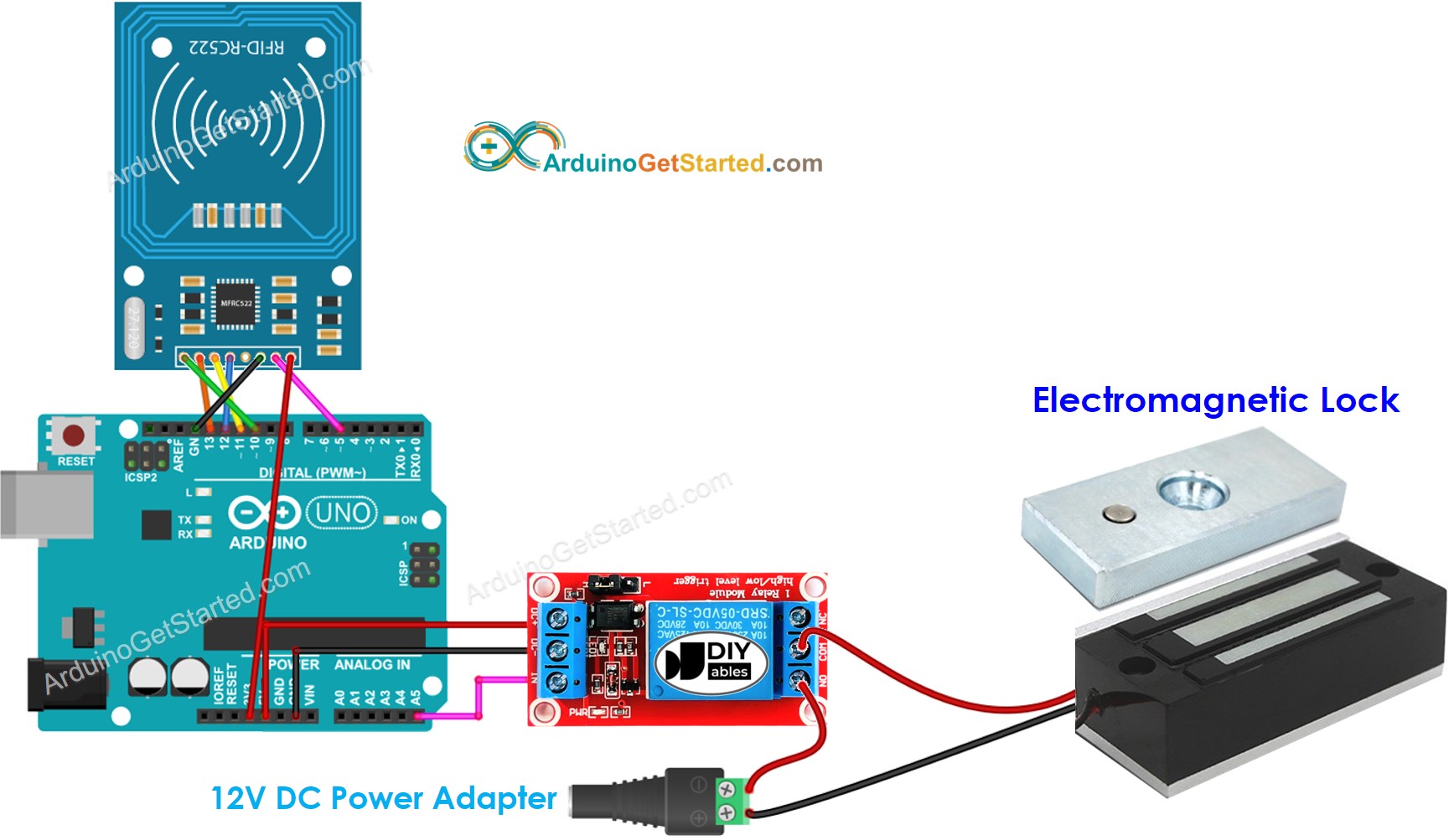 Diagrama de cableado del sistema de cerradura de la puerta con Arduino RFID RC522