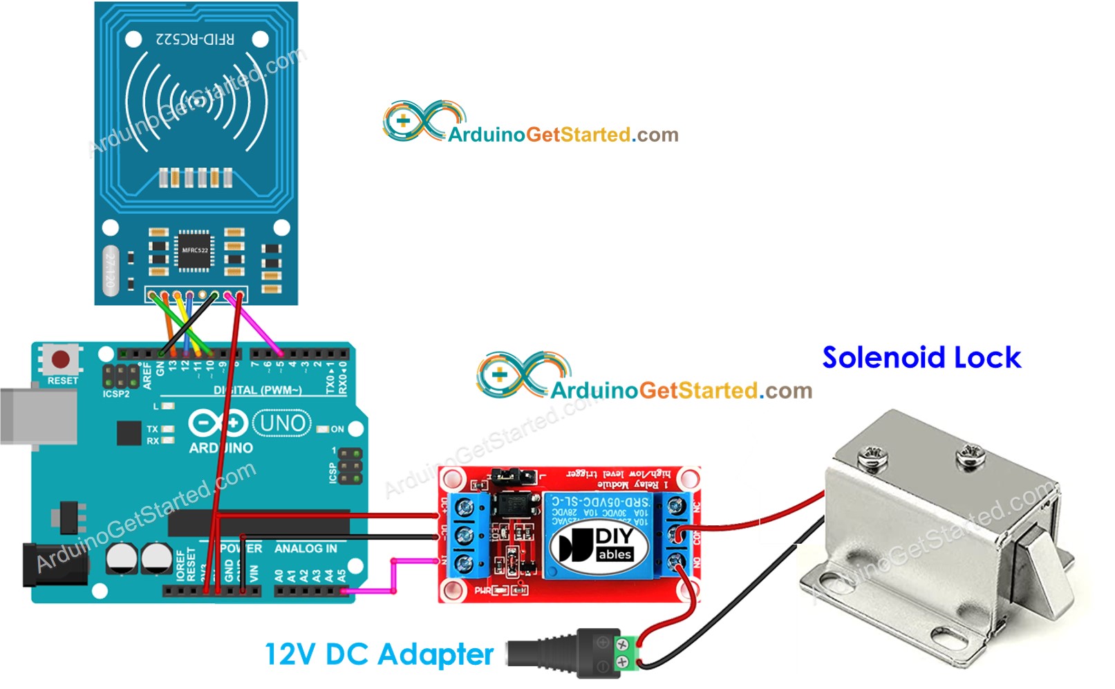 Diagrama de cableado del sistema de cerradura con Arduino RFID RC522