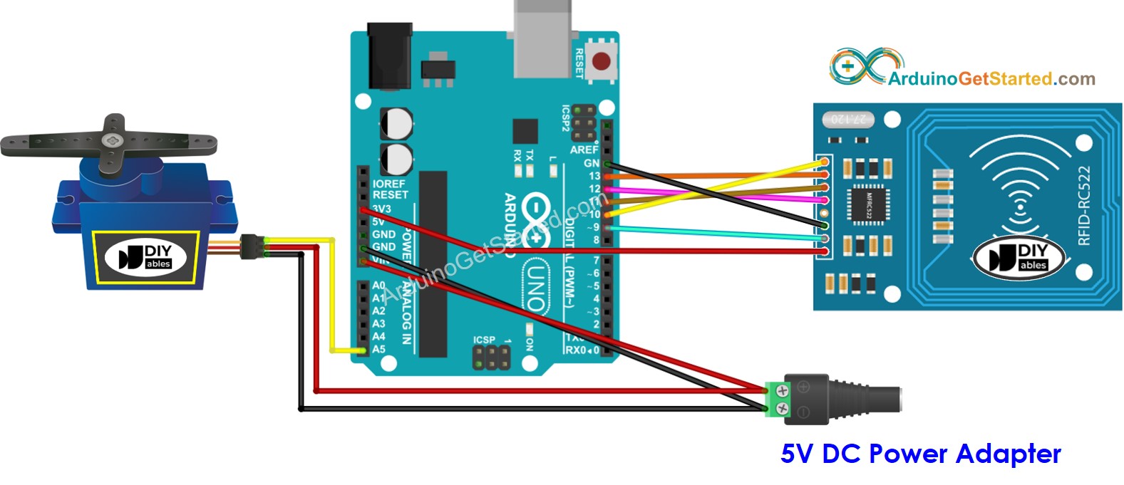 Diagrama de cableado de Arduino con RFID RC522 y servomotor