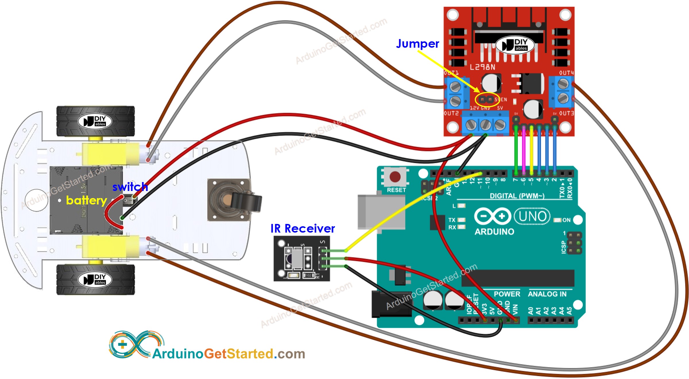 Diagrama de cableado de un coche Arduino con tracción en dos ruedas