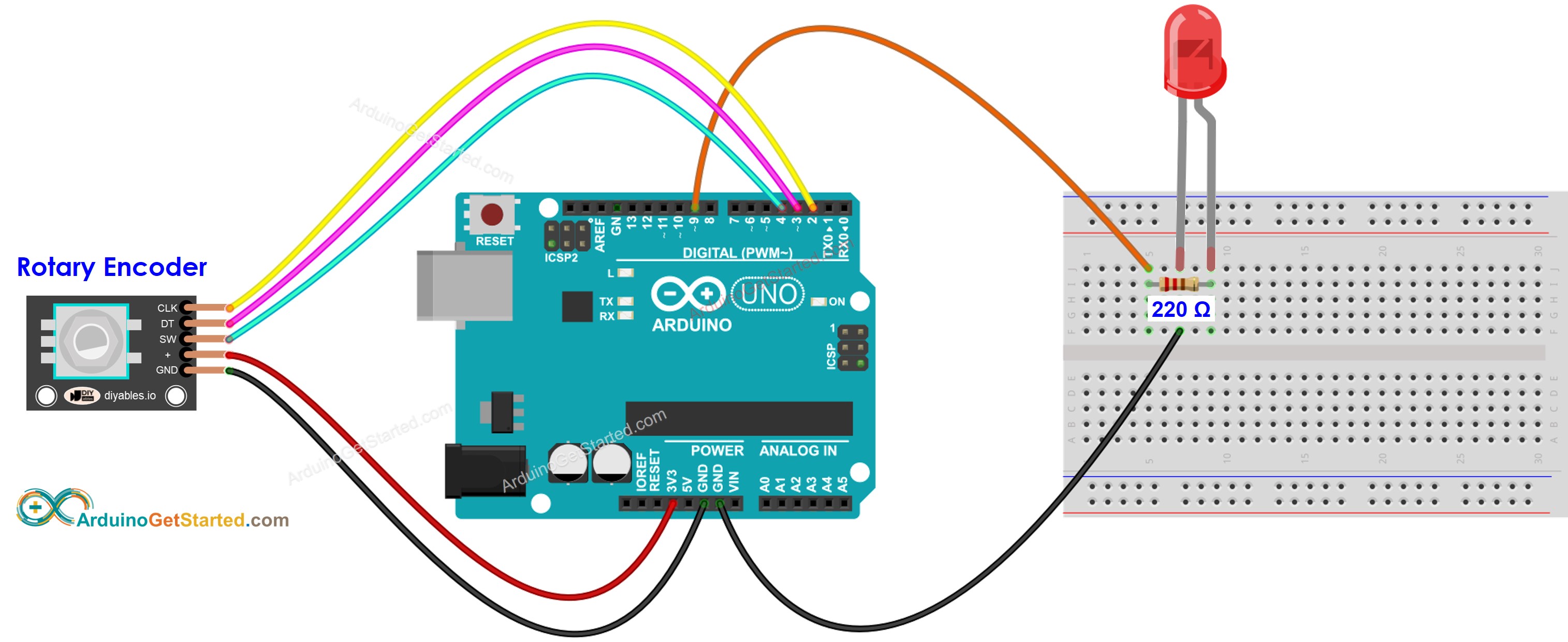 Diagrama de cableado del LED para codificador rotatorio de Arduino