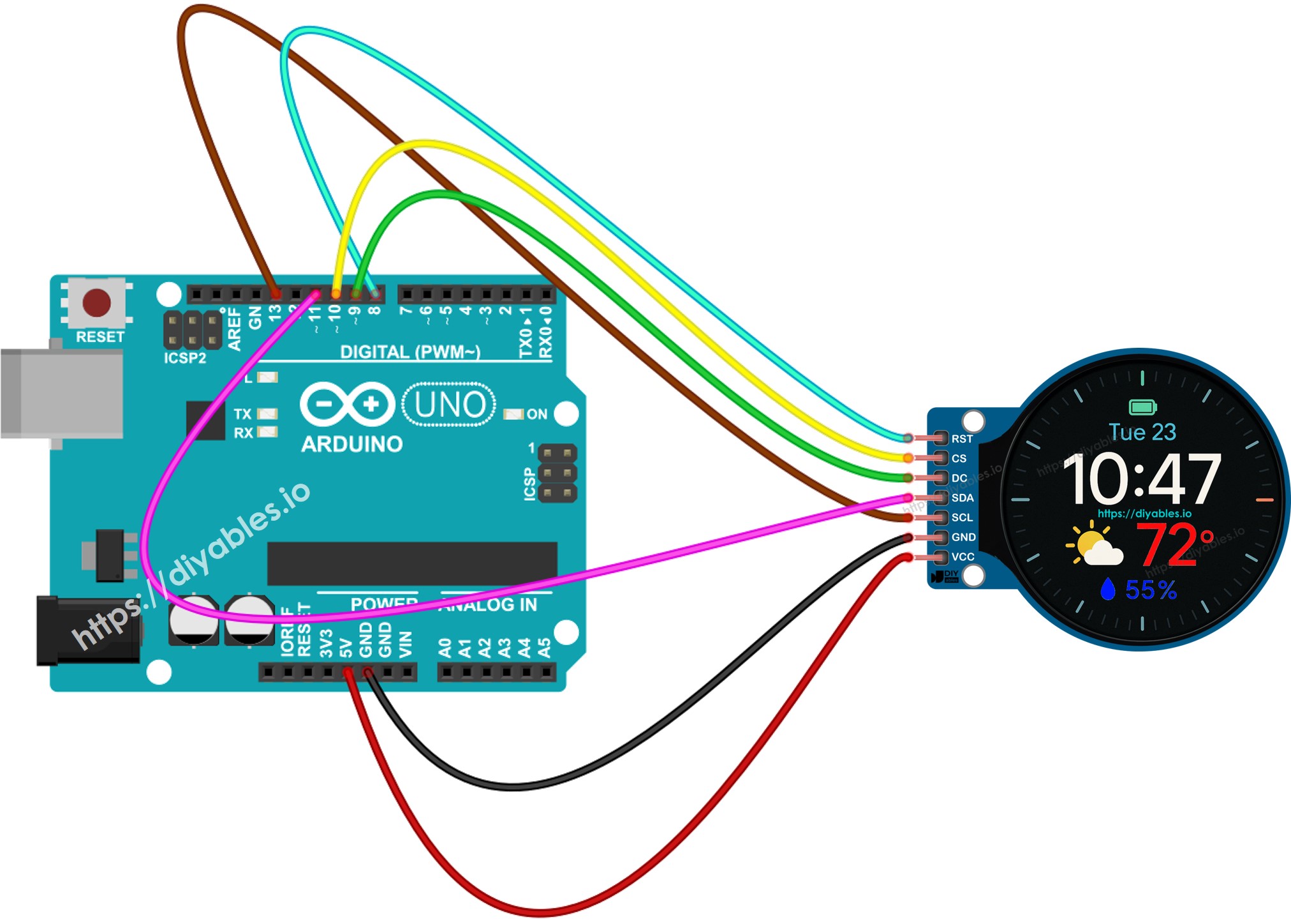 Diagrama de cableado de la pantalla TFT LCD circular de 1,28 pulgadas para Arduino