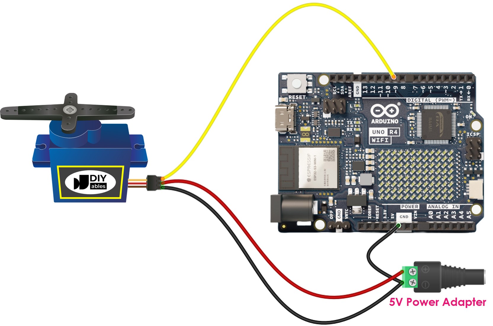 Diagrama de cableado de la fuente de alimentación para el servomotor de Arduino