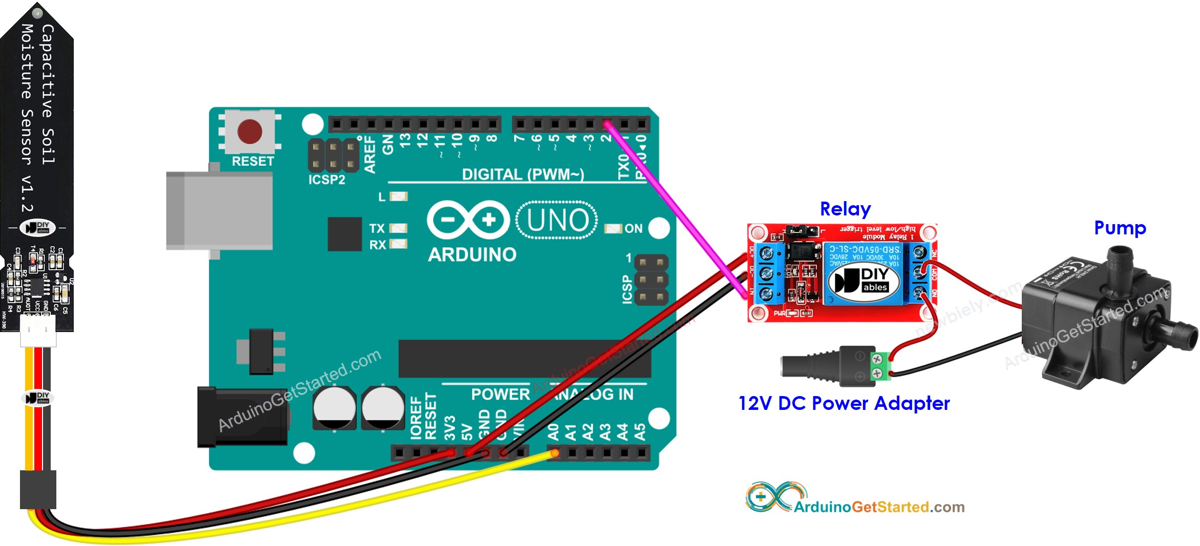 Diagrama de cableado de la bomba para el sensor de humedad del suelo de Arduino
