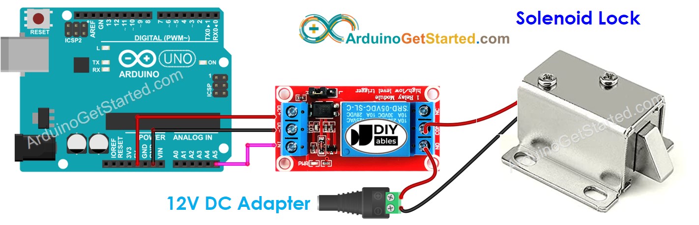 Diagrama de cableado de la cerradura de solenoide para Arduino.
