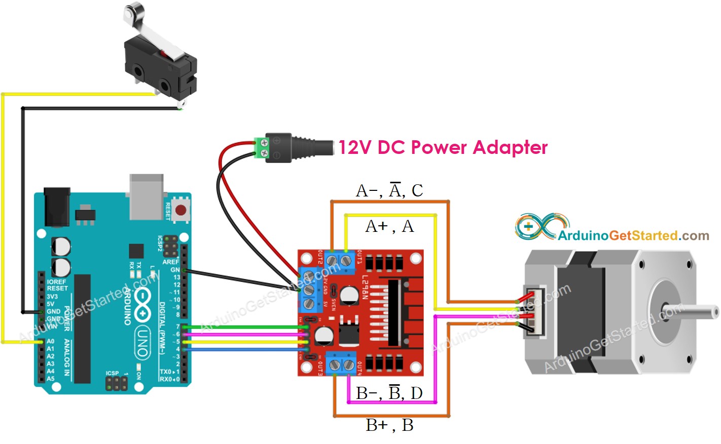 Diagrama de cableado de Arduino para motor paso a paso y interruptor de fin de carrera