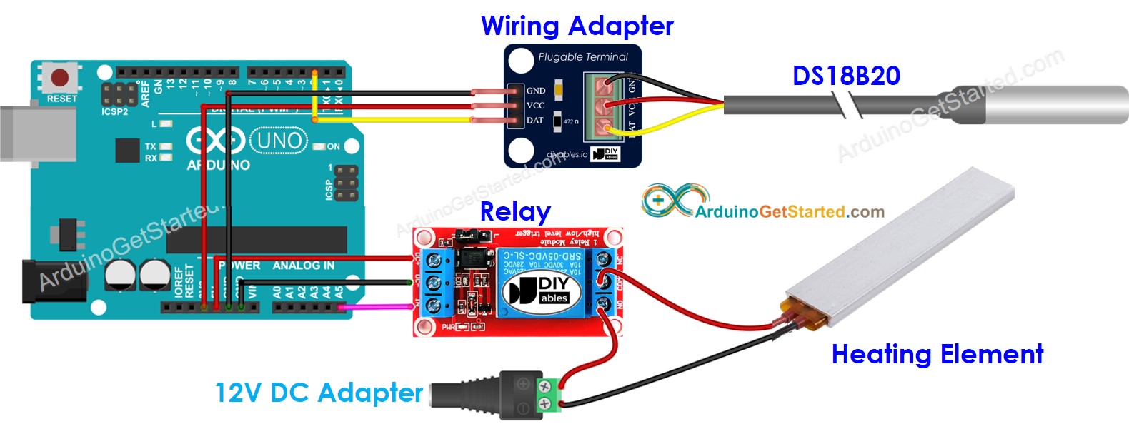 Diagrama de cableado para el sistema de calefacción con control de temperatura por Arduino