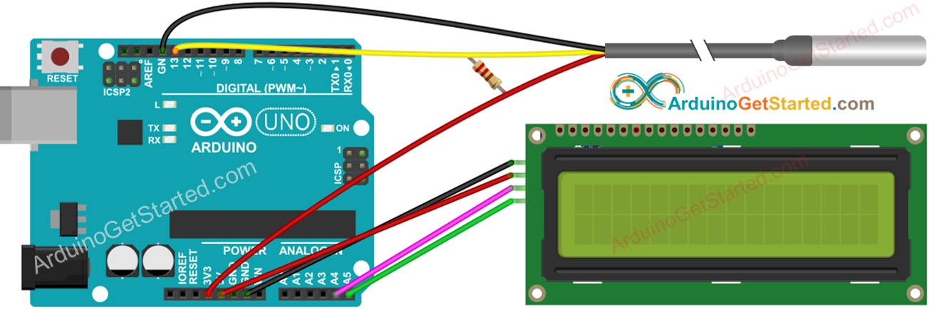 Diagrama de cableado de Arduino para sensor de temperatura con LCD