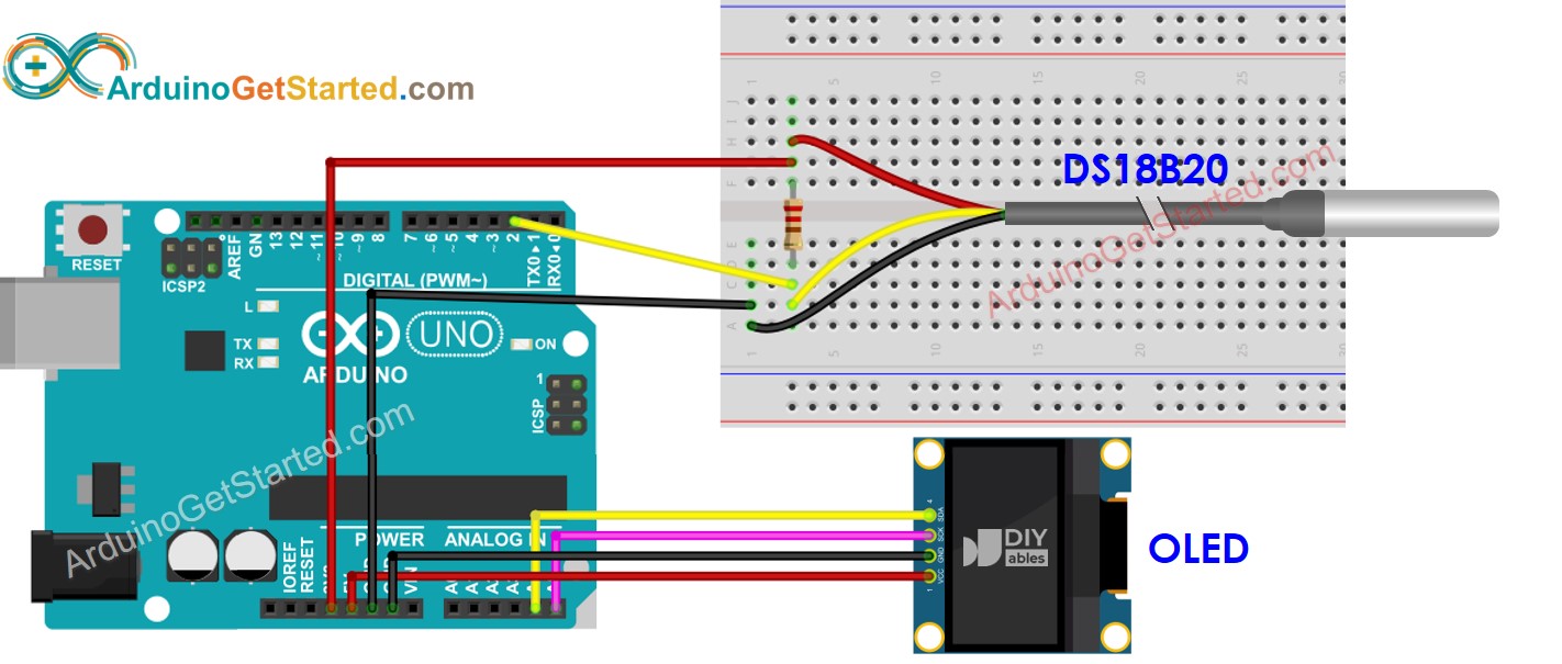 Diagrama de cableado de Arduino para sensor de temperatura OLED