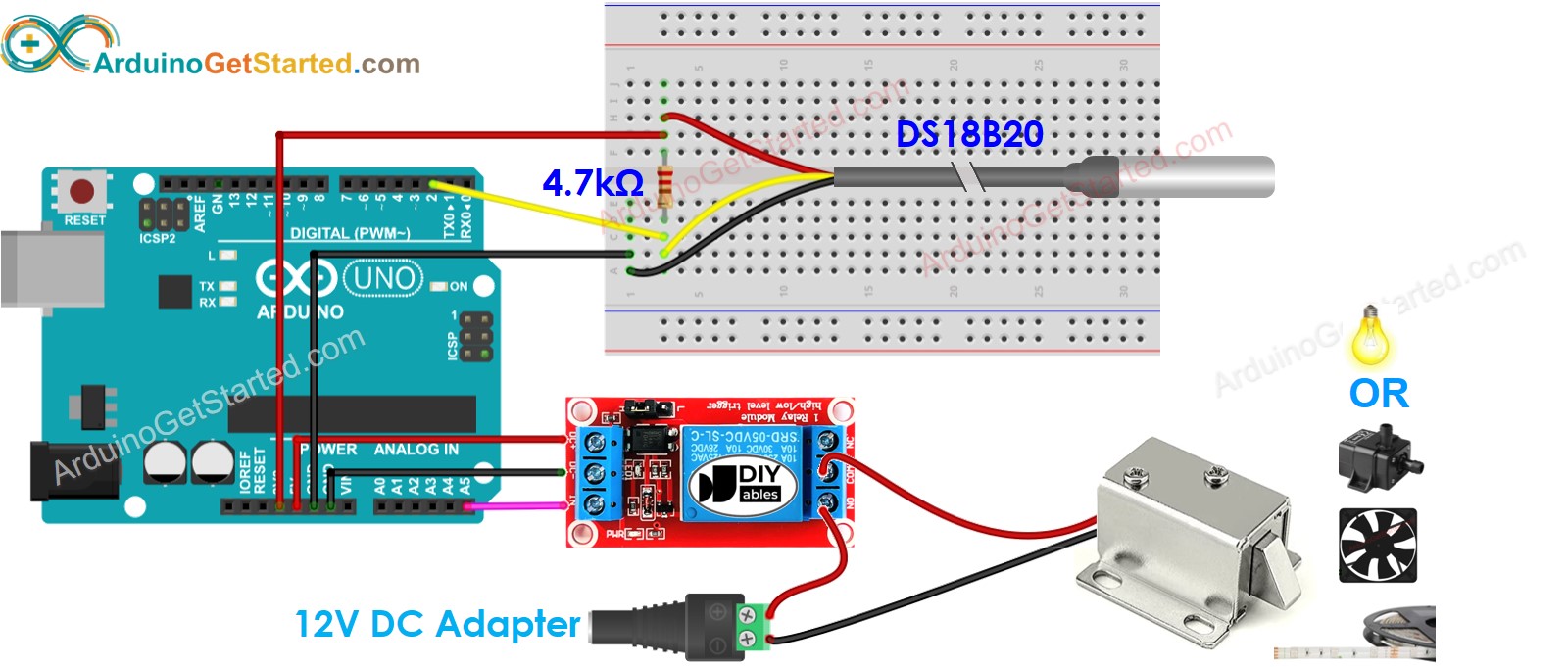 Diagrama de cableado del relé para sensor de temperatura de Arduino