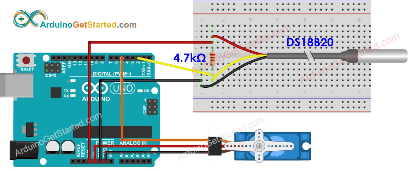 Diagrama de cableado de Arduino DS18B20 y servomotor