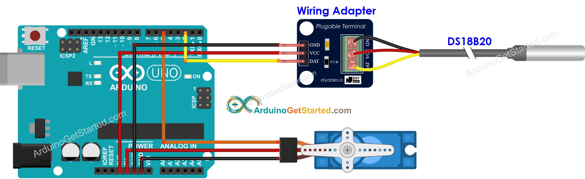 Diagrama de cableado de Arduino para sensor de temperatura y servomotor