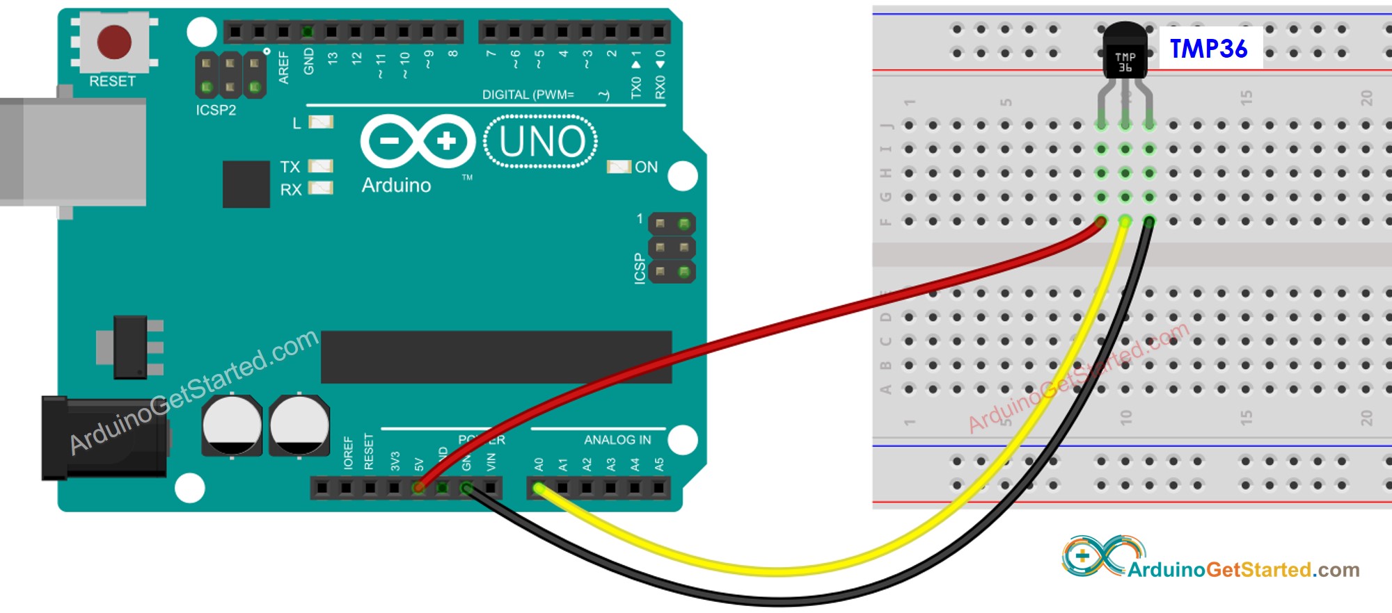 Diagrama de cableado del sensor de temperatura TMP36 de Arduino
