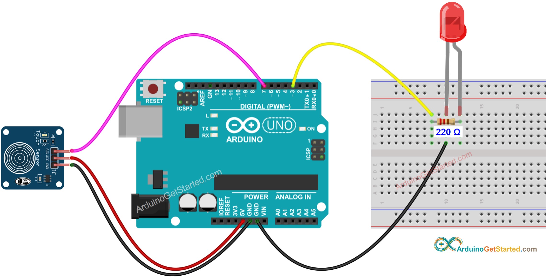 Diagrama de cableado de LED para sensor táctil de Arduino