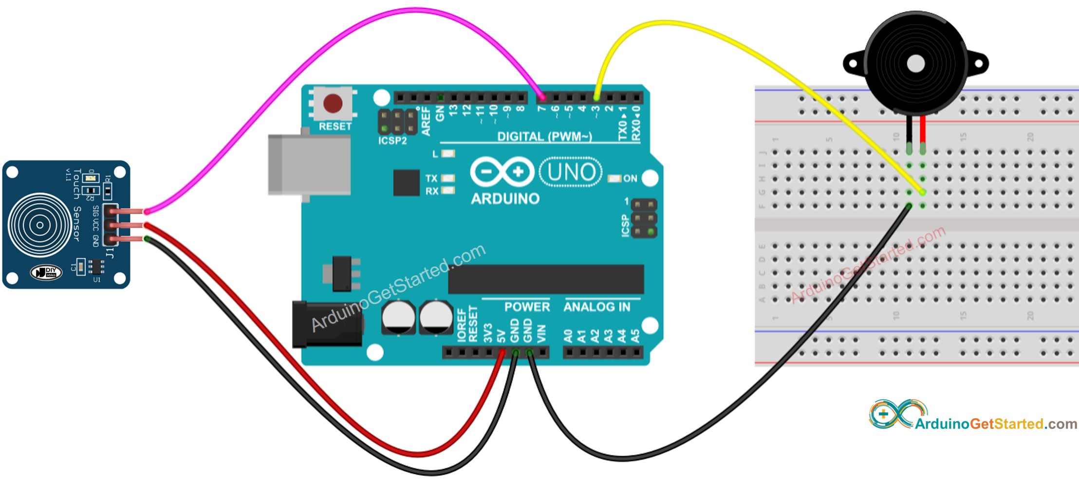 Diagrama de cableado para Arduino: sensor táctil y zumbador piezoeléctrico