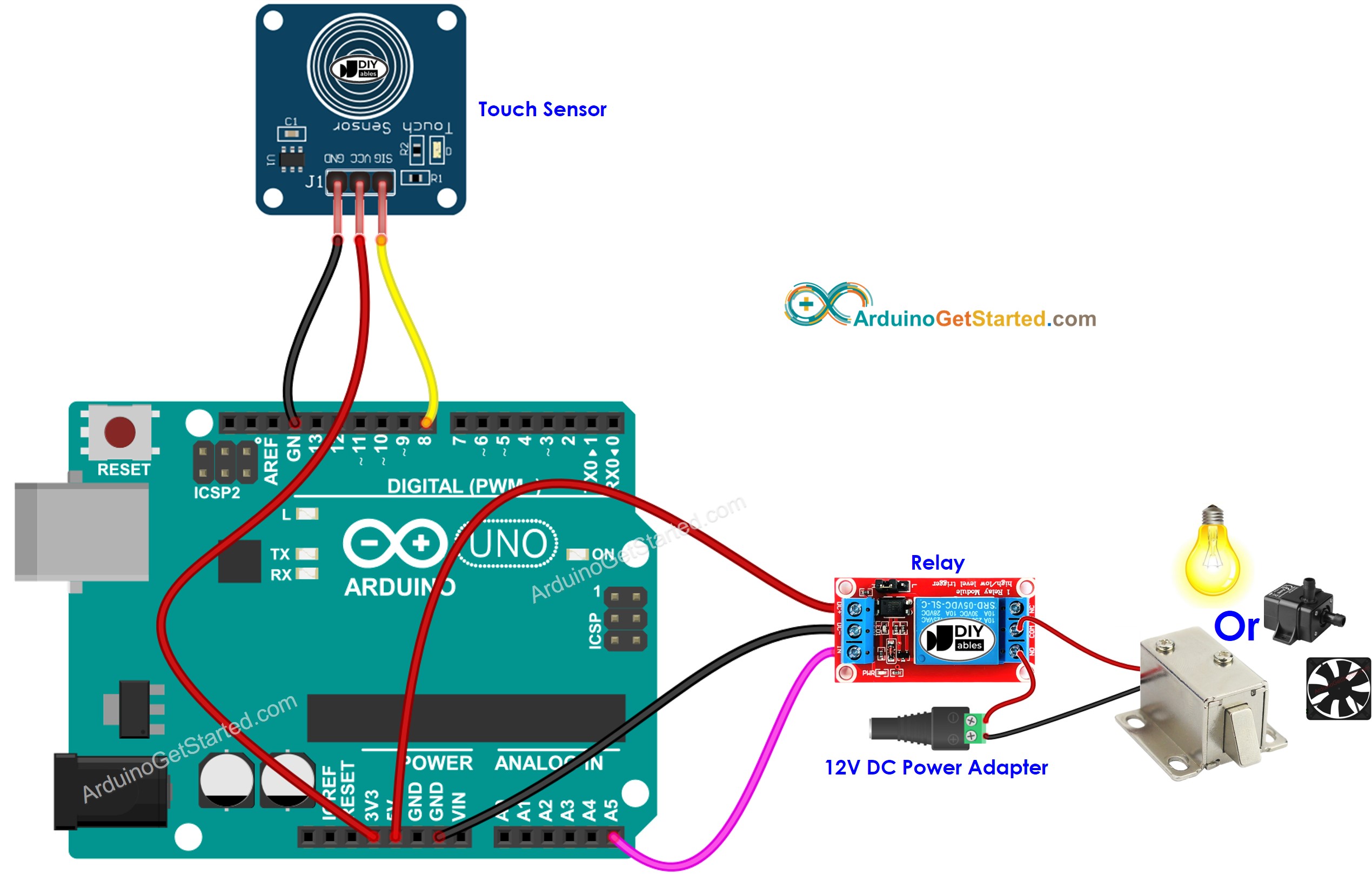Diagrama de cableado del relé para sensor táctil de Arduino