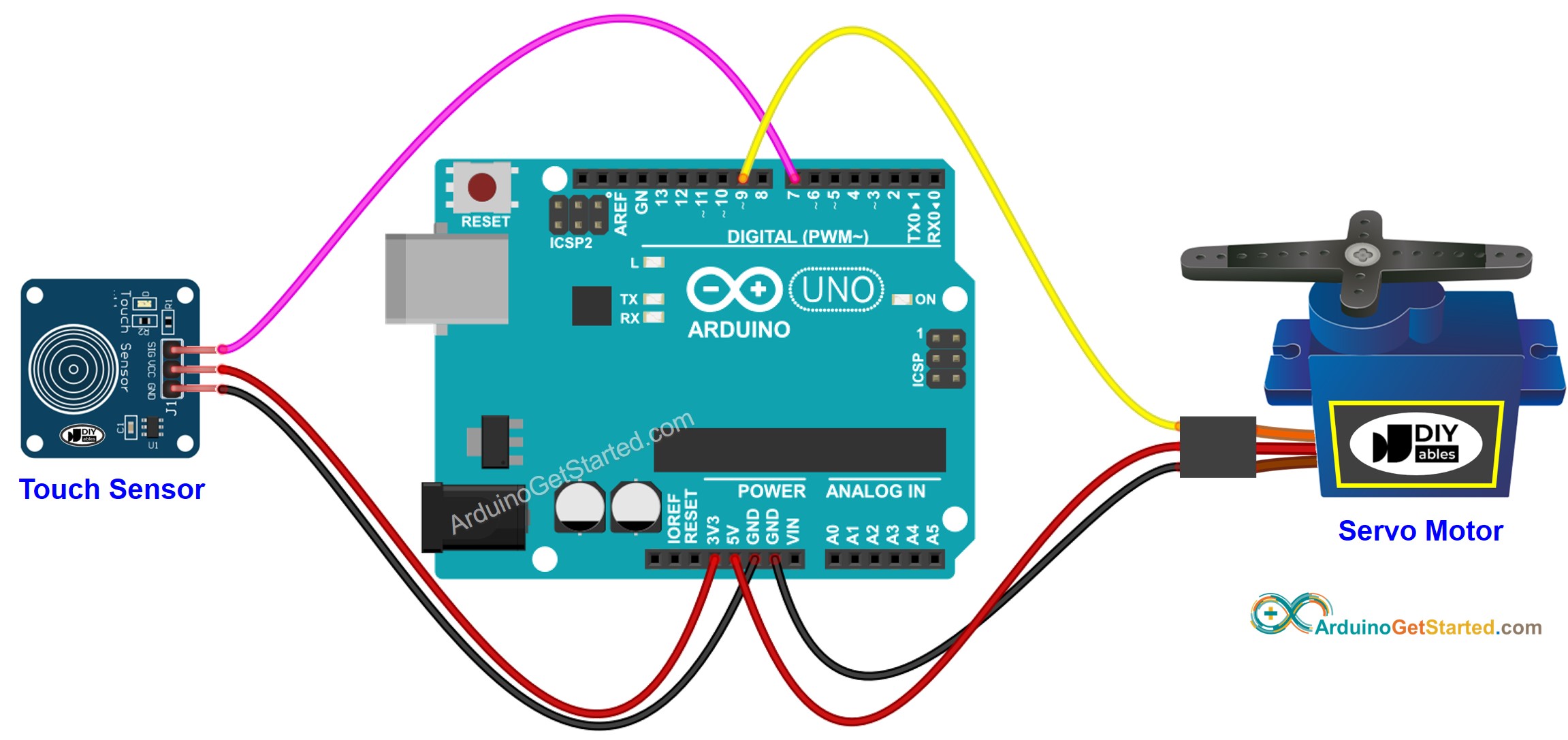 Diagrama de cableado de Arduino para sensor táctil y servomotor
