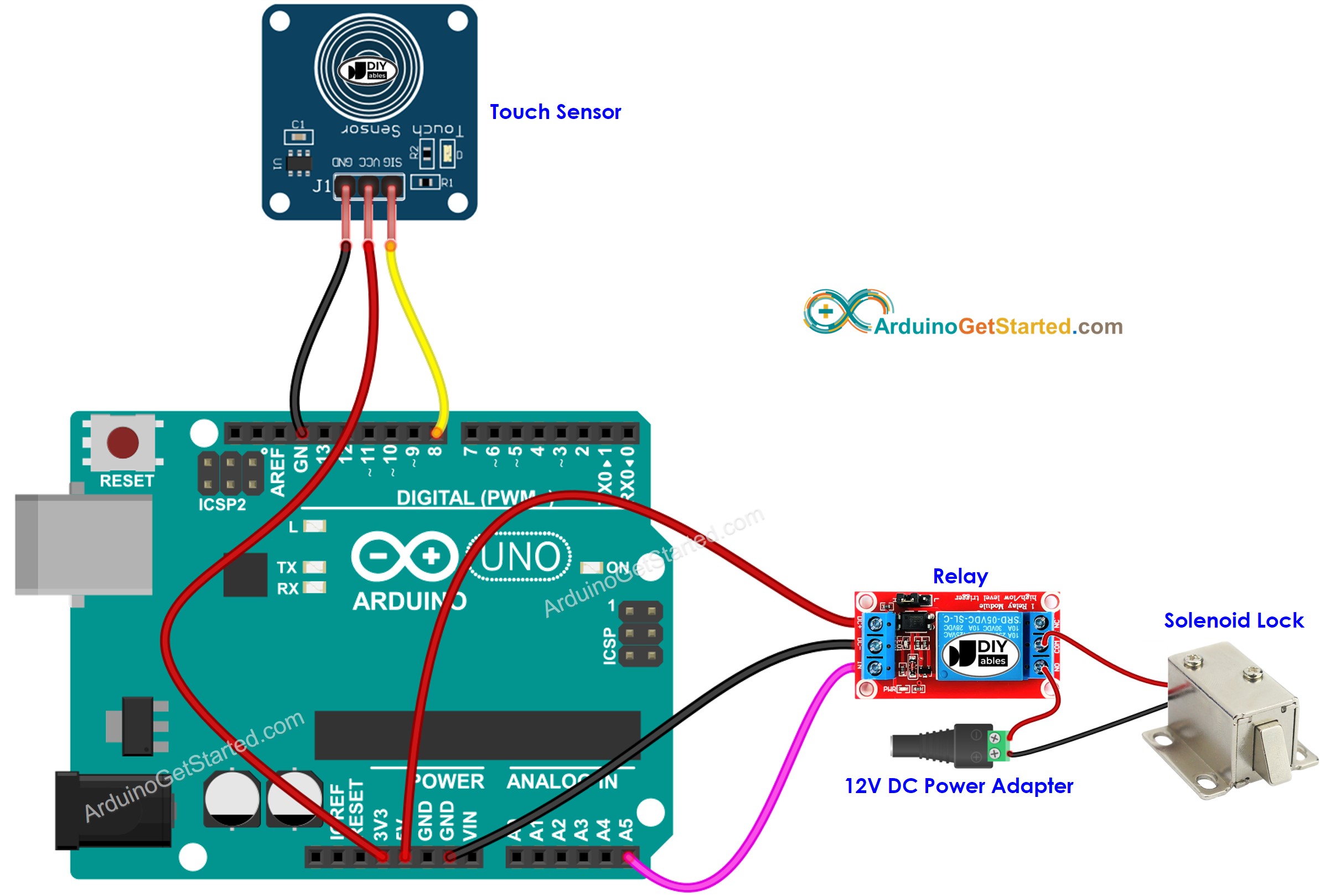Diagrama de cableado de Arduino para cerradura de solenoide con sensor táctil