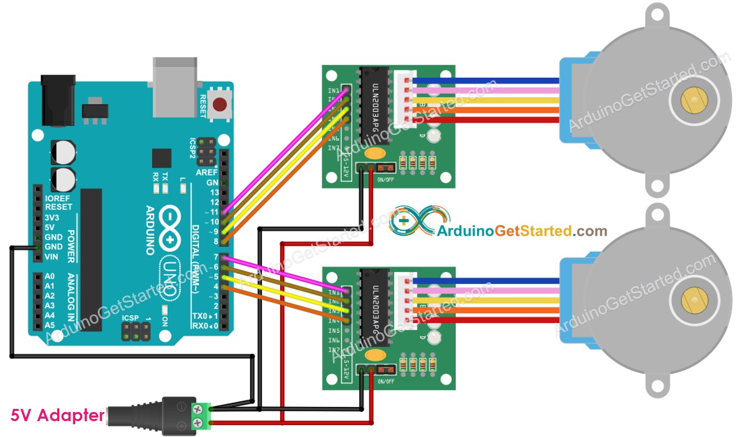 Diagrama de cableado de Arduino para dos motores paso a paso con el controlador ULN2003