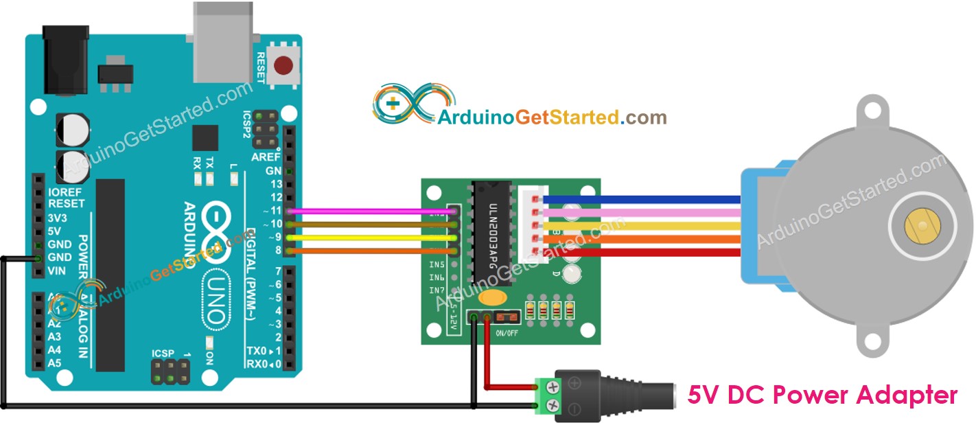 Diagrama de cableado de Arduino para motor paso a paso con el controlador ULN2003