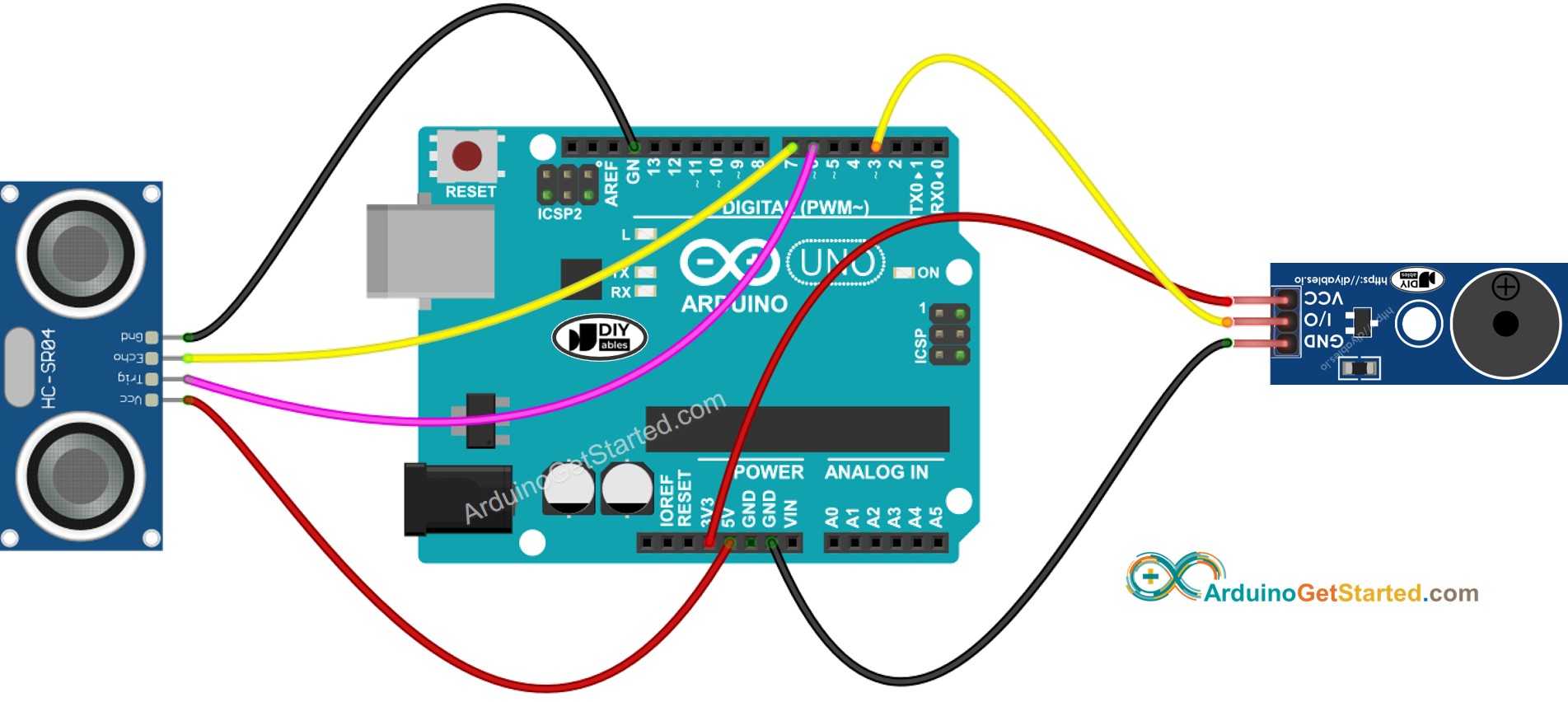 Diagrama de cableado del módulo Arduino con sensor ultrasónico y zumbador piezoeléctrico.