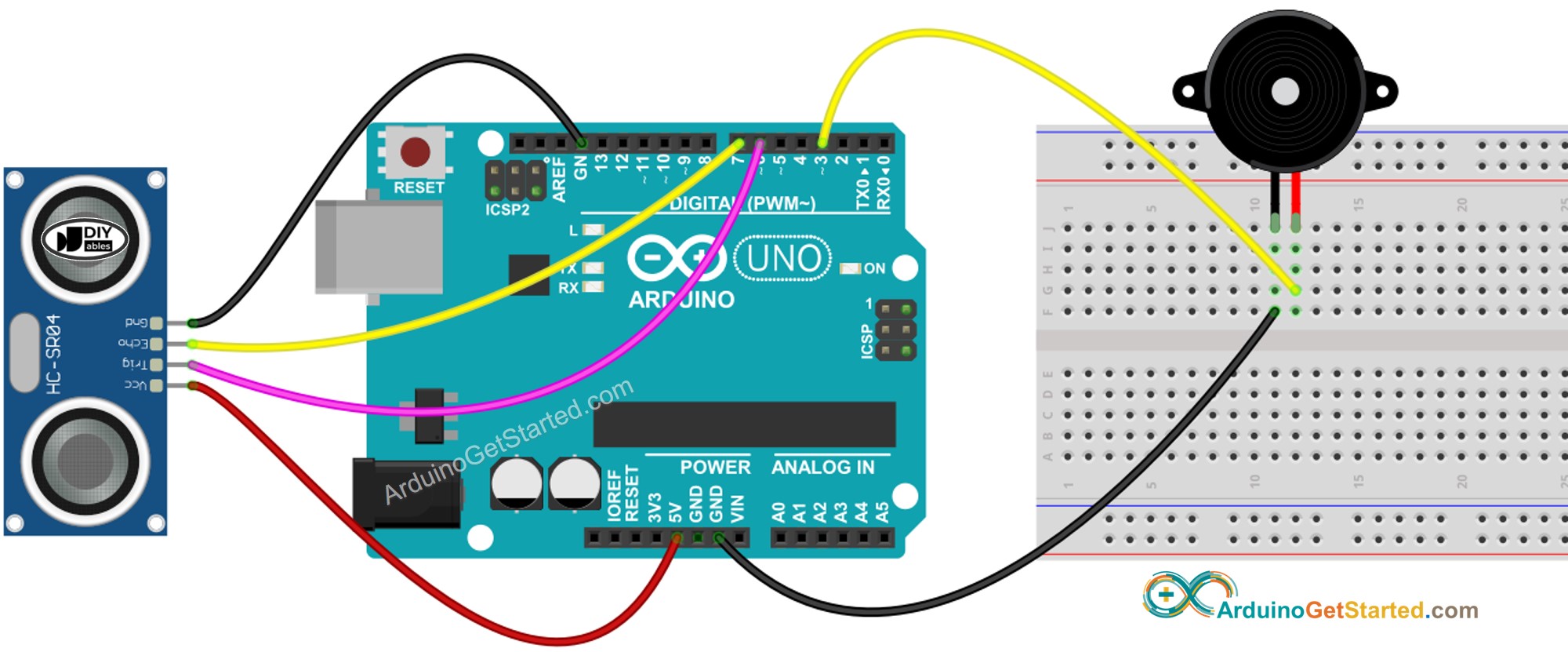 Diagrama de cableado de Arduino para sensor ultrasónico y zumbador piezoeléctrico
