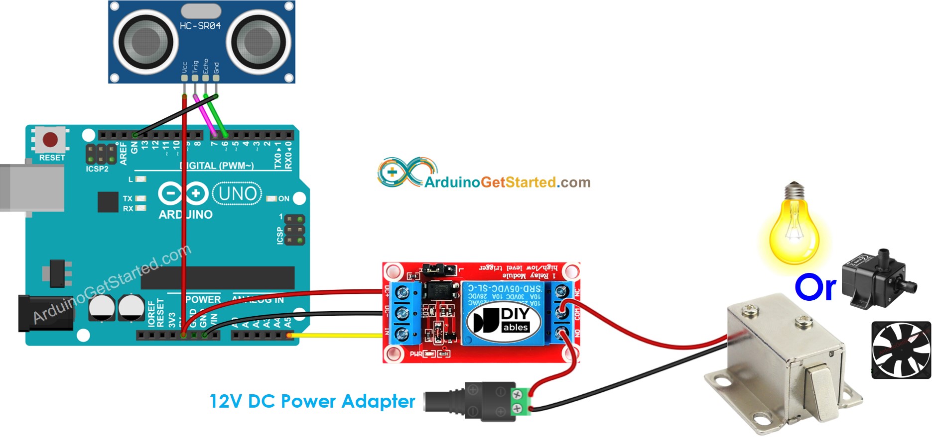 Diagrama de cableado del relé para el sensor ultrasónico de Arduino