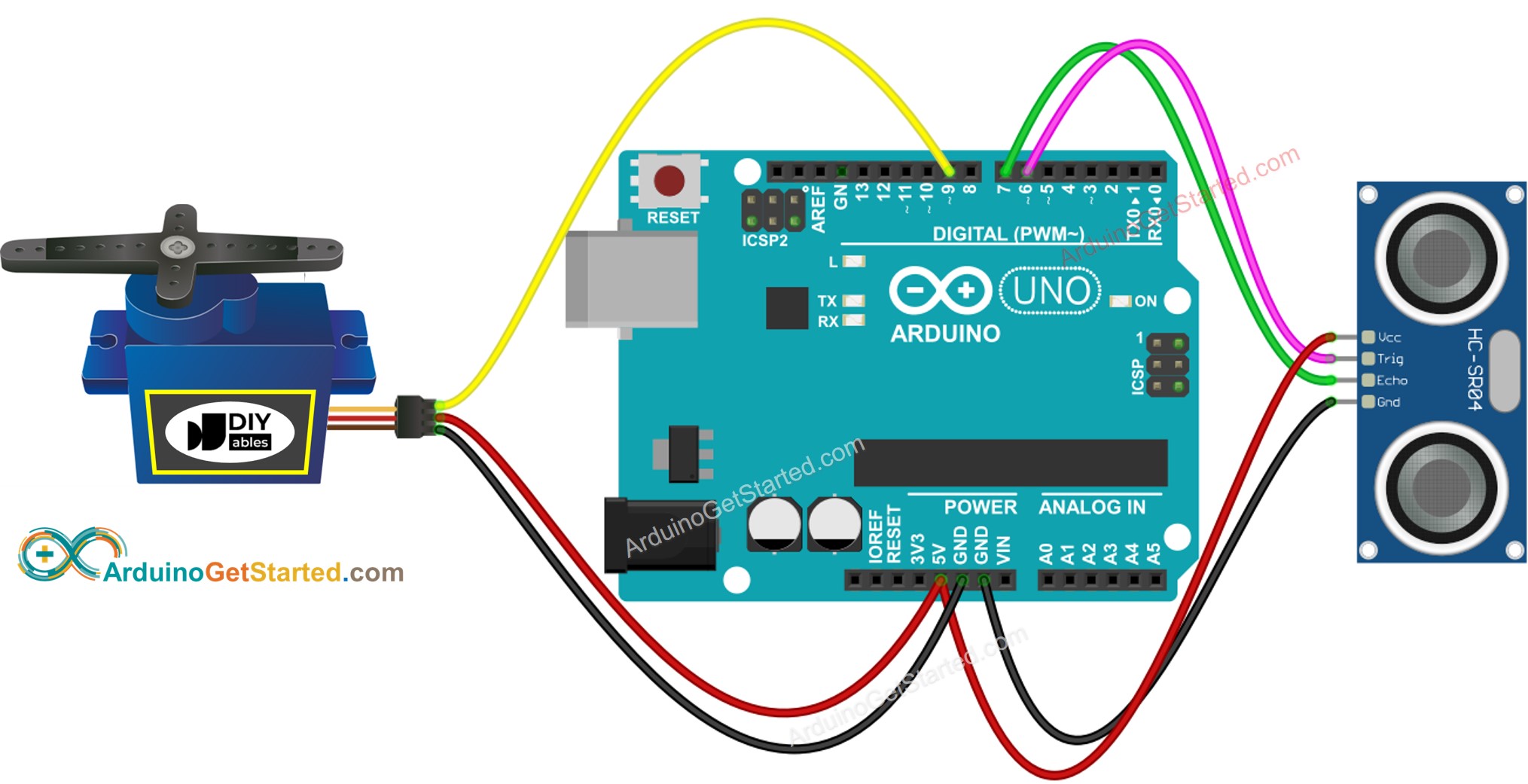 Diagrama de cableado de Arduino, sensor ultrasónico y servomotor