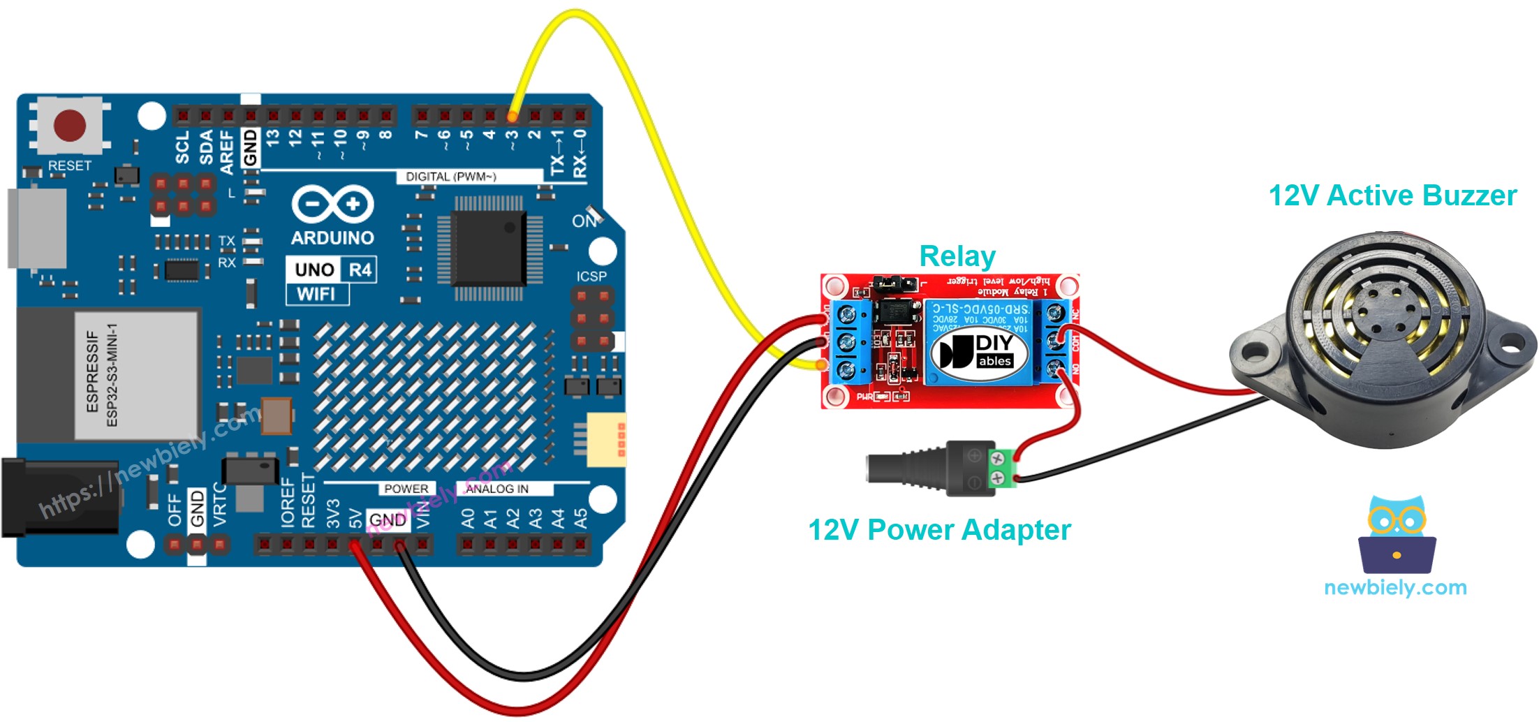 Diagrama de cableado del zumbador activo de 12 V para Arduino UNO R4