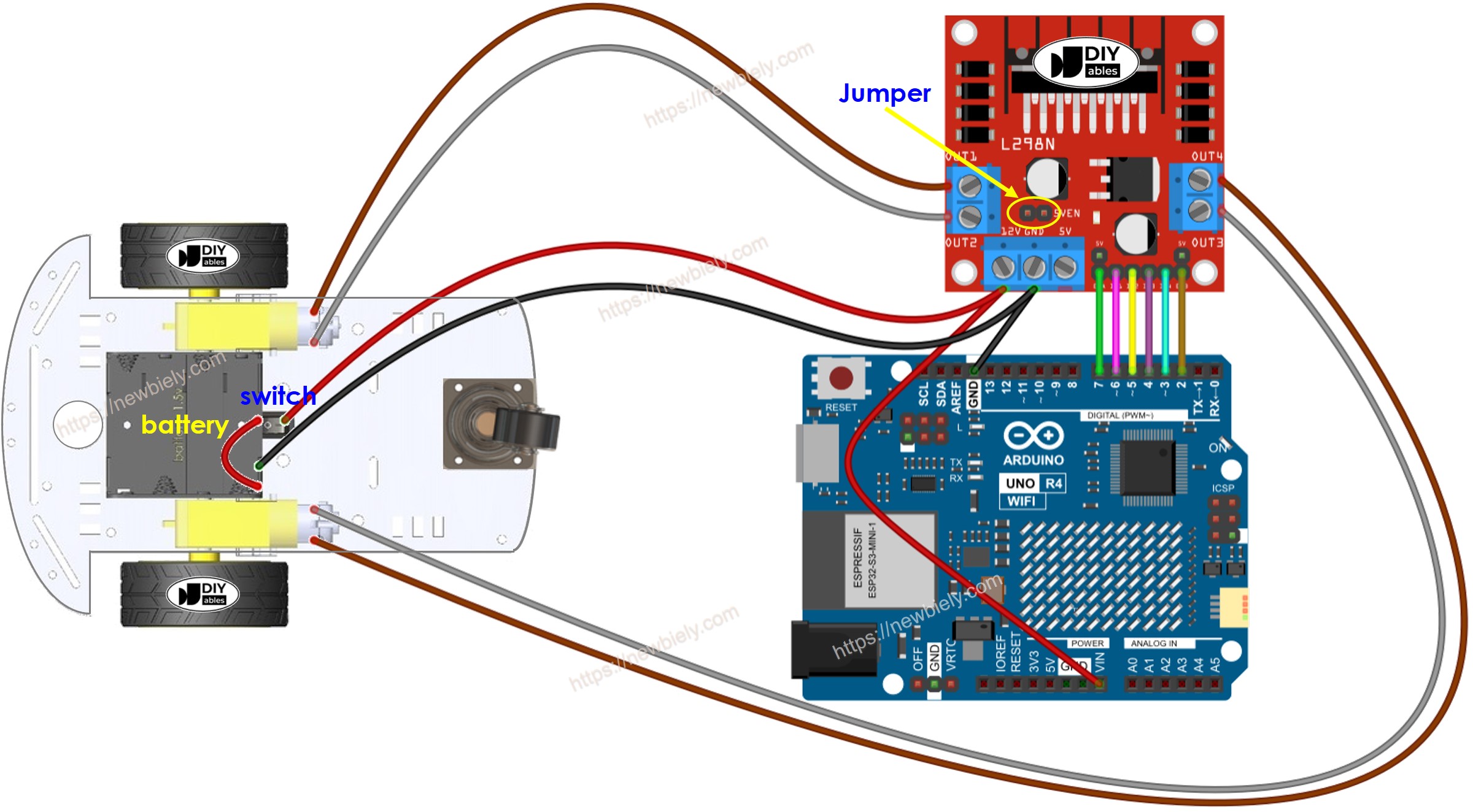 Diagrama de cableado de Arduino UNO R4 para coche RC de dos ruedas motrices