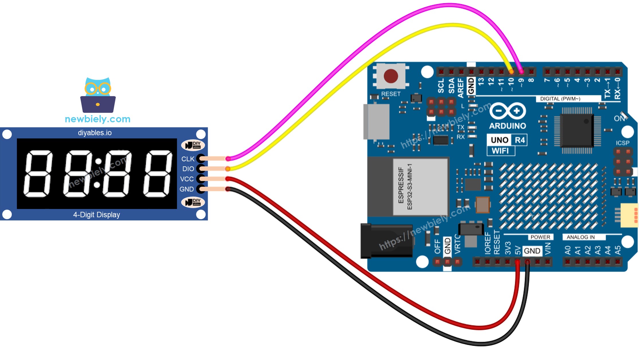 Diagrama de cableado del módulo TM1637 para Arduino UNO R4