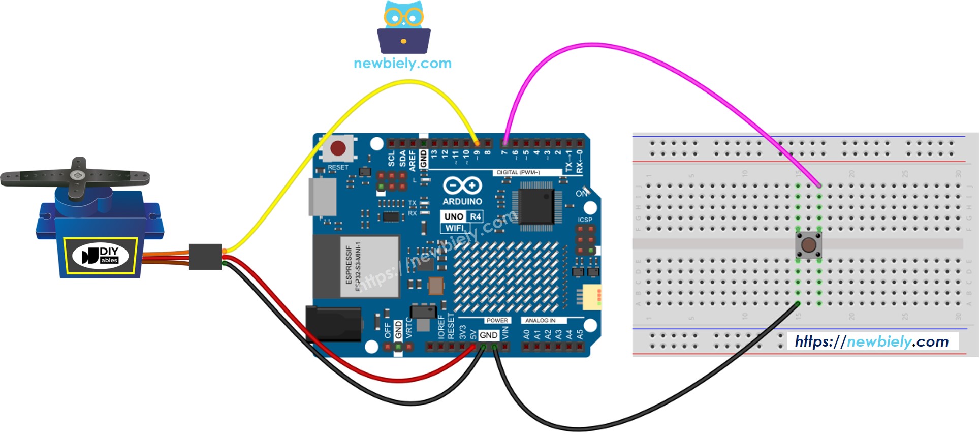 Diagrama de cableado del servomotor con botón para Arduino UNO R4