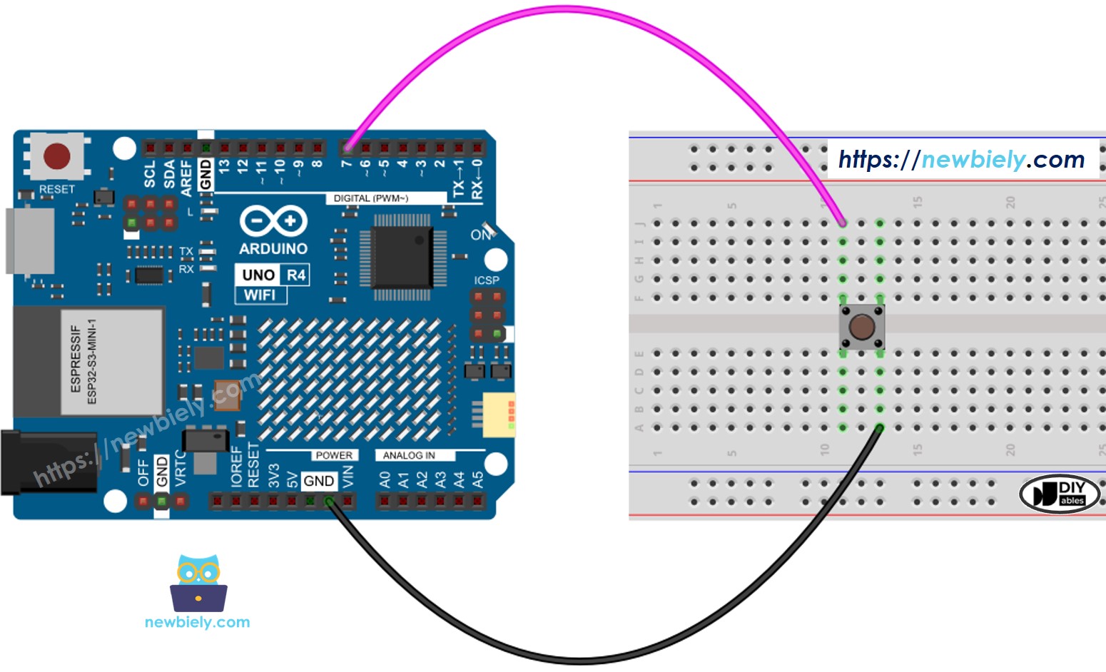Diagrama de cableado del botón de Arduino UNO R4