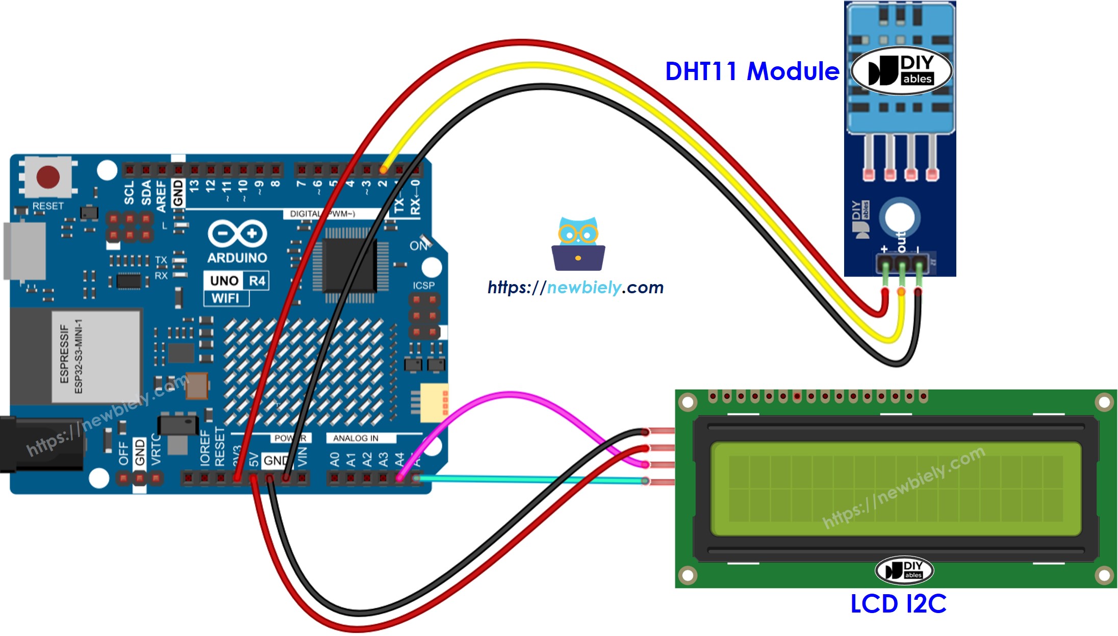 Diagrama de cableado de Arduino UNO R4 DHT11 LCD